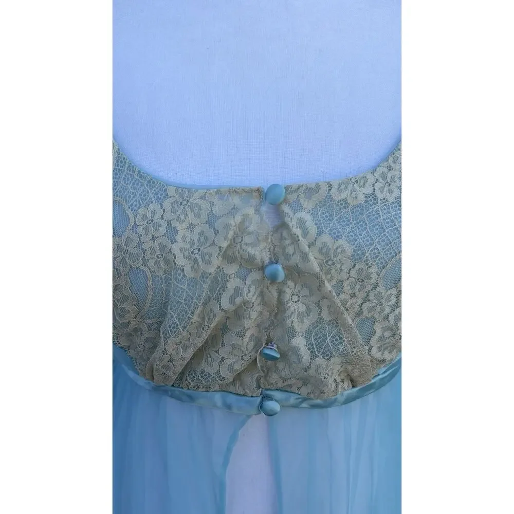 Vintage 1960s Blue Nylon Peignoir Robe With Chantilly Lace Juliette Style